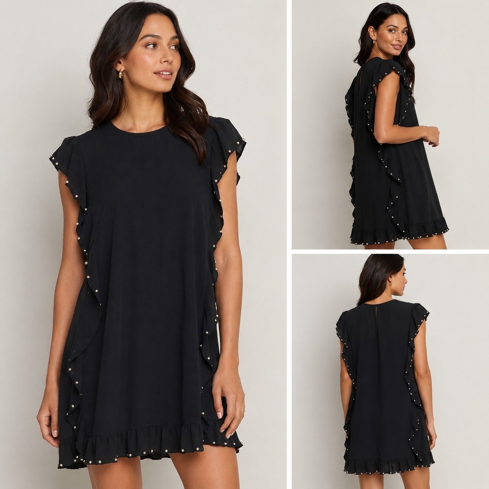 TCEC Black Ruffle Studded Sleeveless Western Boho Shift Mini Dress Small